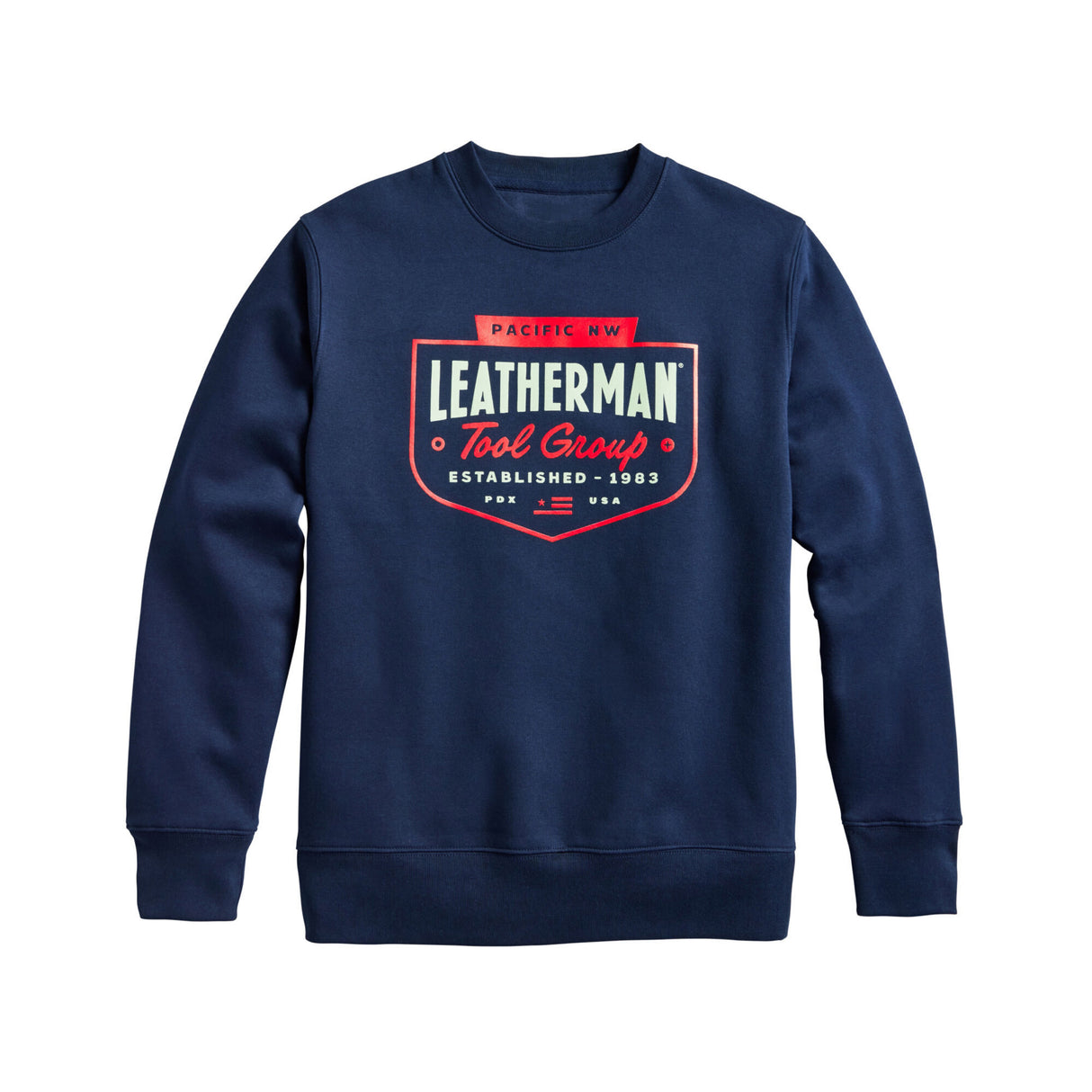 Translation missing: en.Navy crewneck with the Leatherman Pacific Northwest logo. Established 1983