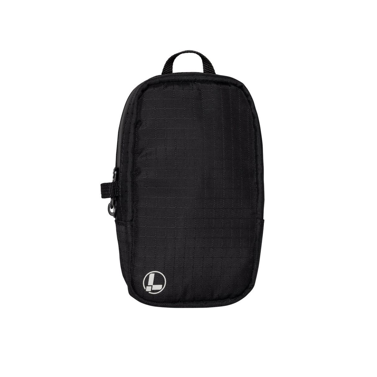 Translation missing: en.A Leatherman Tool Pouch in a Black color, featuring a minimalist rectangular design with a grid-patterned fabric texture, a black top loop for carrying, and a side zipper with a pull tab. The pouch is adorned with a subtle Leatherman logo in the lower left corner