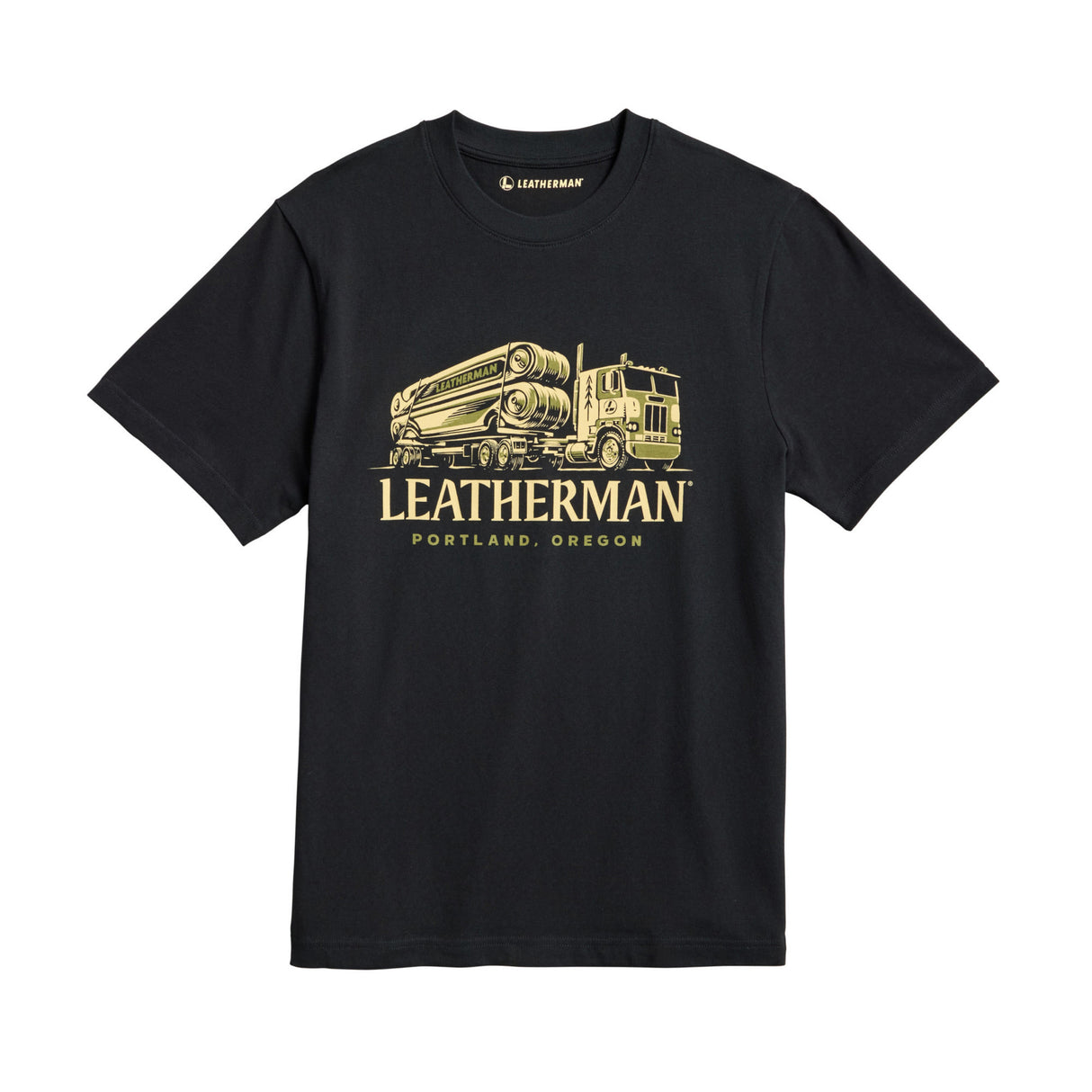 Translation missing: en.Black Leatherman Timber Tee depicting a timber truck hauling a massive Leatherman multitool on the trailer