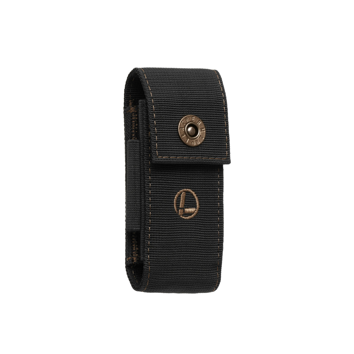 Translation missing: en.Leatherman black and bronze nylon sheath with pockets showcasing the secure snap closure and Leatherman logo