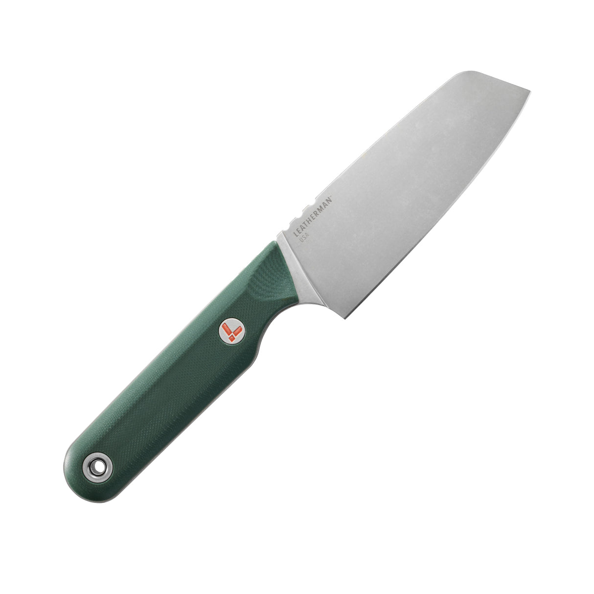 Translation missing: en.Leatherman Rustle Evergreen knife with a green handle and drop-point stainless steel blade, displayed on a white background