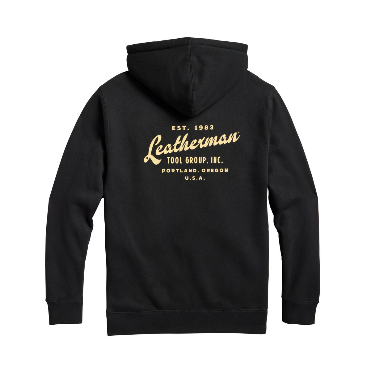 Translation missing: en.Back of the black Leatherman Vintage hoodie. "Leatherman" is in a cursive font. Established 1983