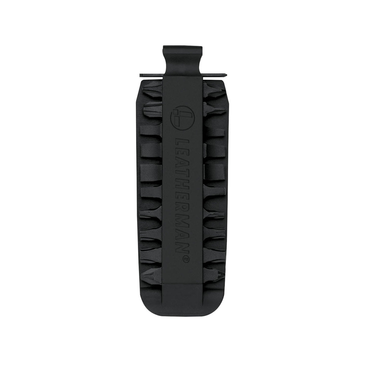 Translation missing: en.Black Leatherman bit kit holder with multiple interchangeable screwdriver bits arranged on both sides, featuring the Leatherman logo embossed in the center