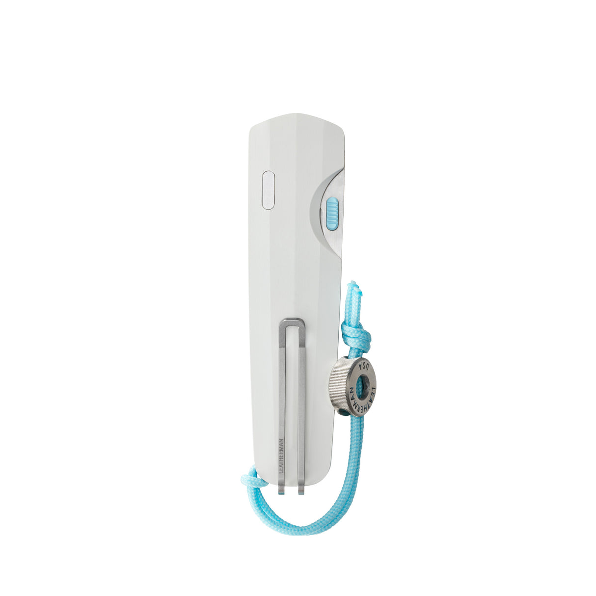 Translation missing: en.Leatherman Blazer Alpine folding knife in closed position with a white handle, deep-carry pocket clip, visible thumb slider, and attached light blue lanyard with branded bead, displayed on a white background