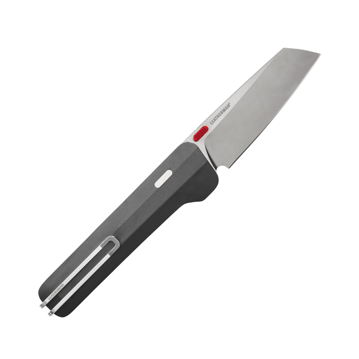 Translation missing: en.Leatherman Glider folding knife with a Jet Black textured handle, stainless steel blade, and red thumb stud, shown open on a white background