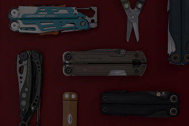 Translation missing: en.A variety of Leatherman tools in different styles are arranged on a vibrant red surface