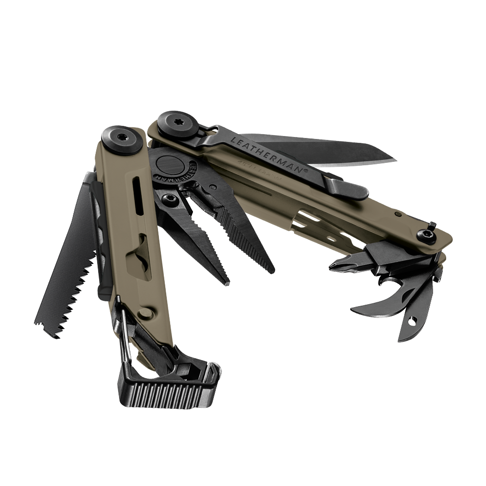 Translation missing: en.Coyote Tan Leatherman Signal® multitool beauty image showing the various tools and features