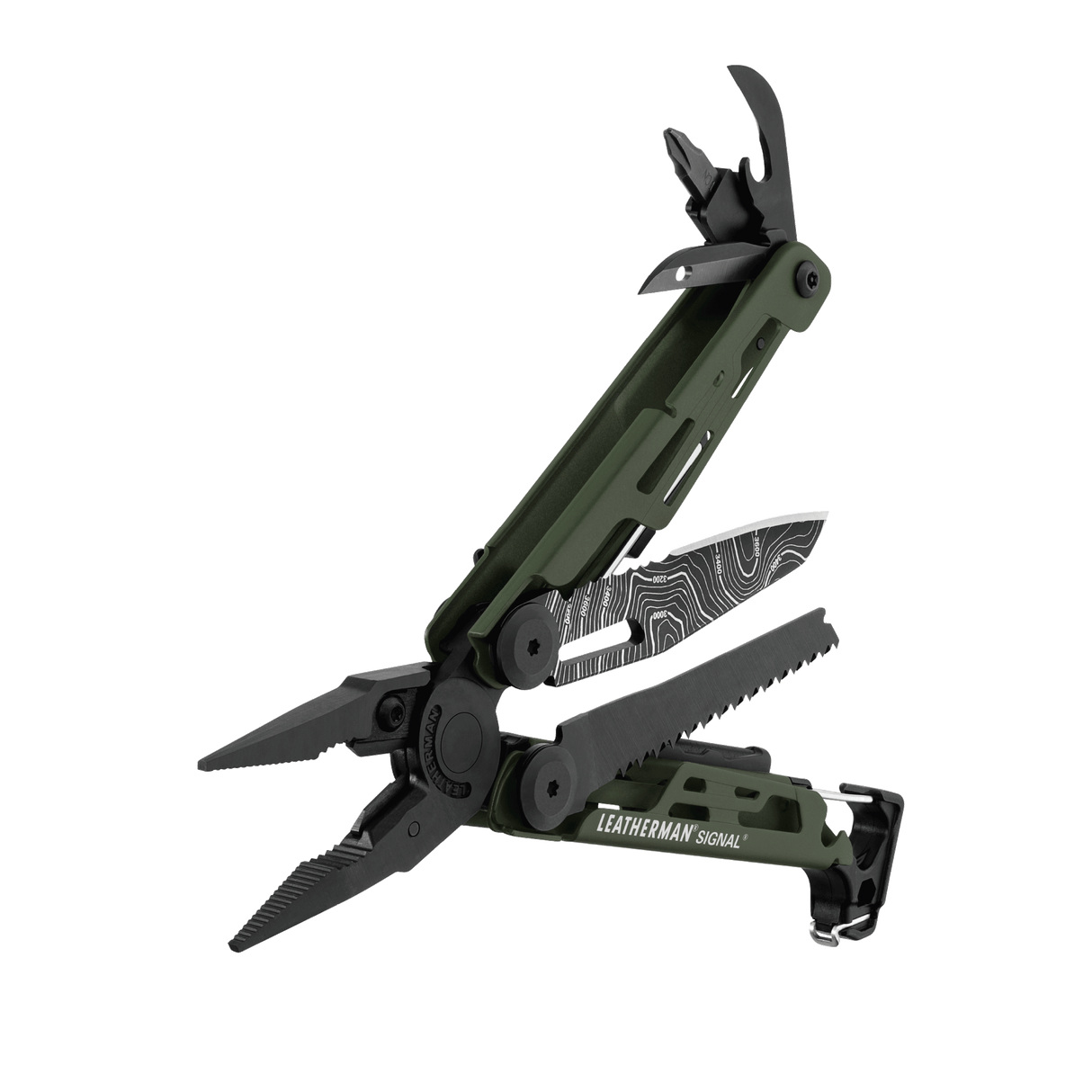 Translation missing: en.Green Leatherman Signal® multitool beauty image showing the various tools and features
