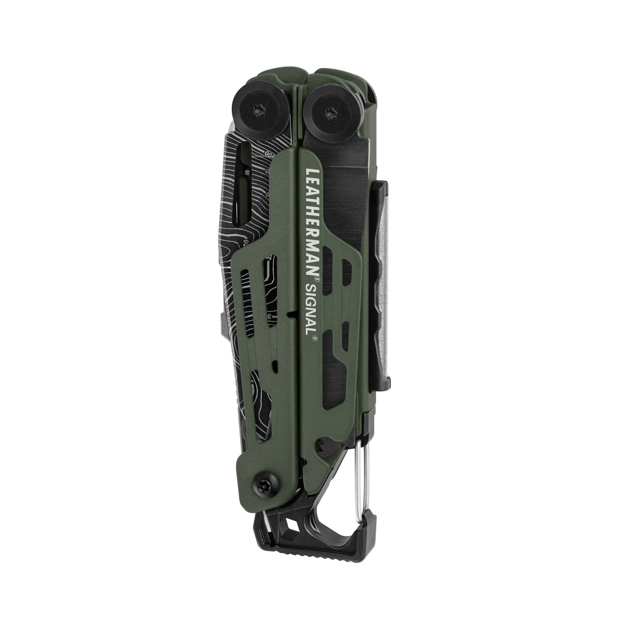 Translation missing: en.Closed green Leatherman Signal multitool with black accents and carabiner clip