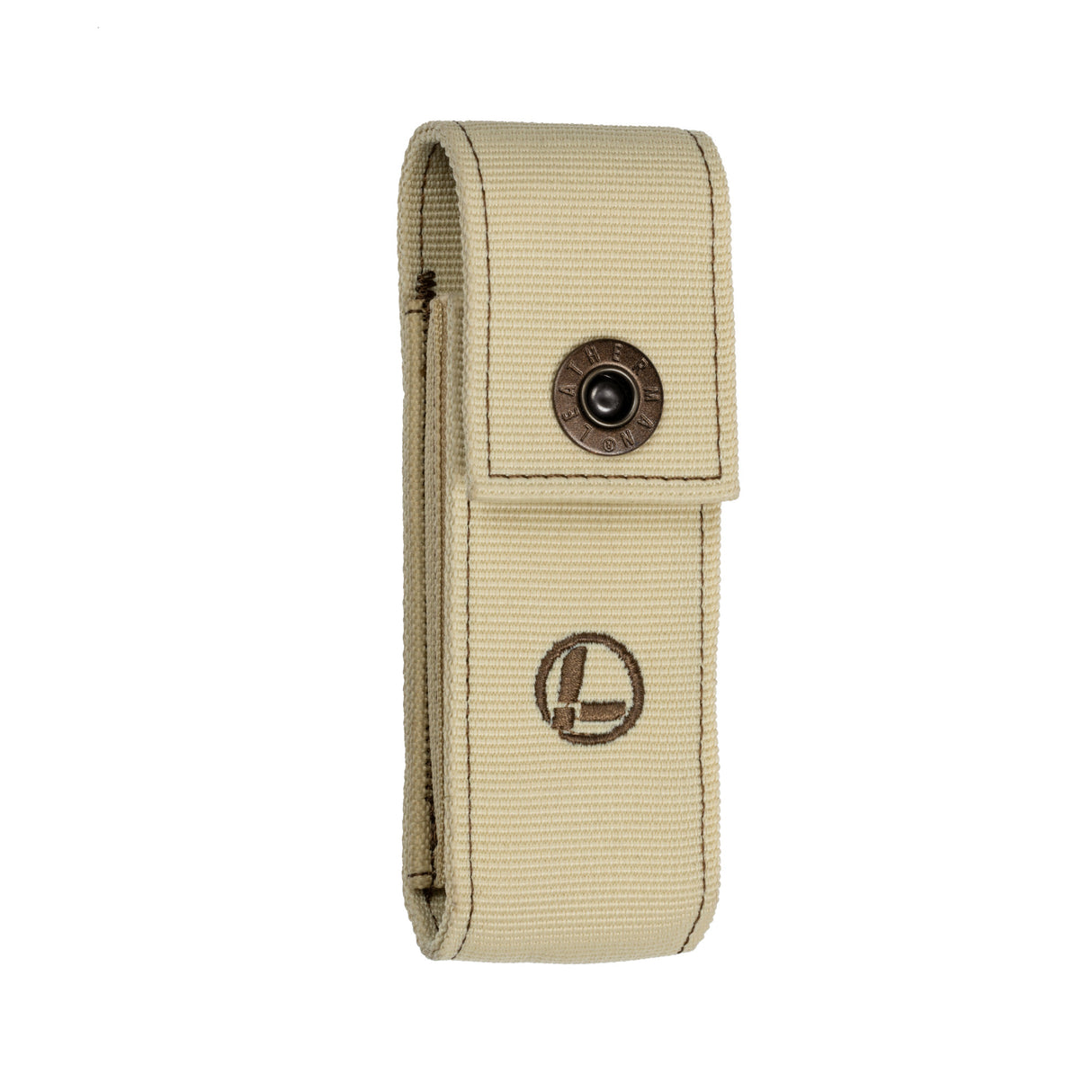Translation missing: en.Tan nylon belt pouch with snap-closure flap and circular stitched logo on the front