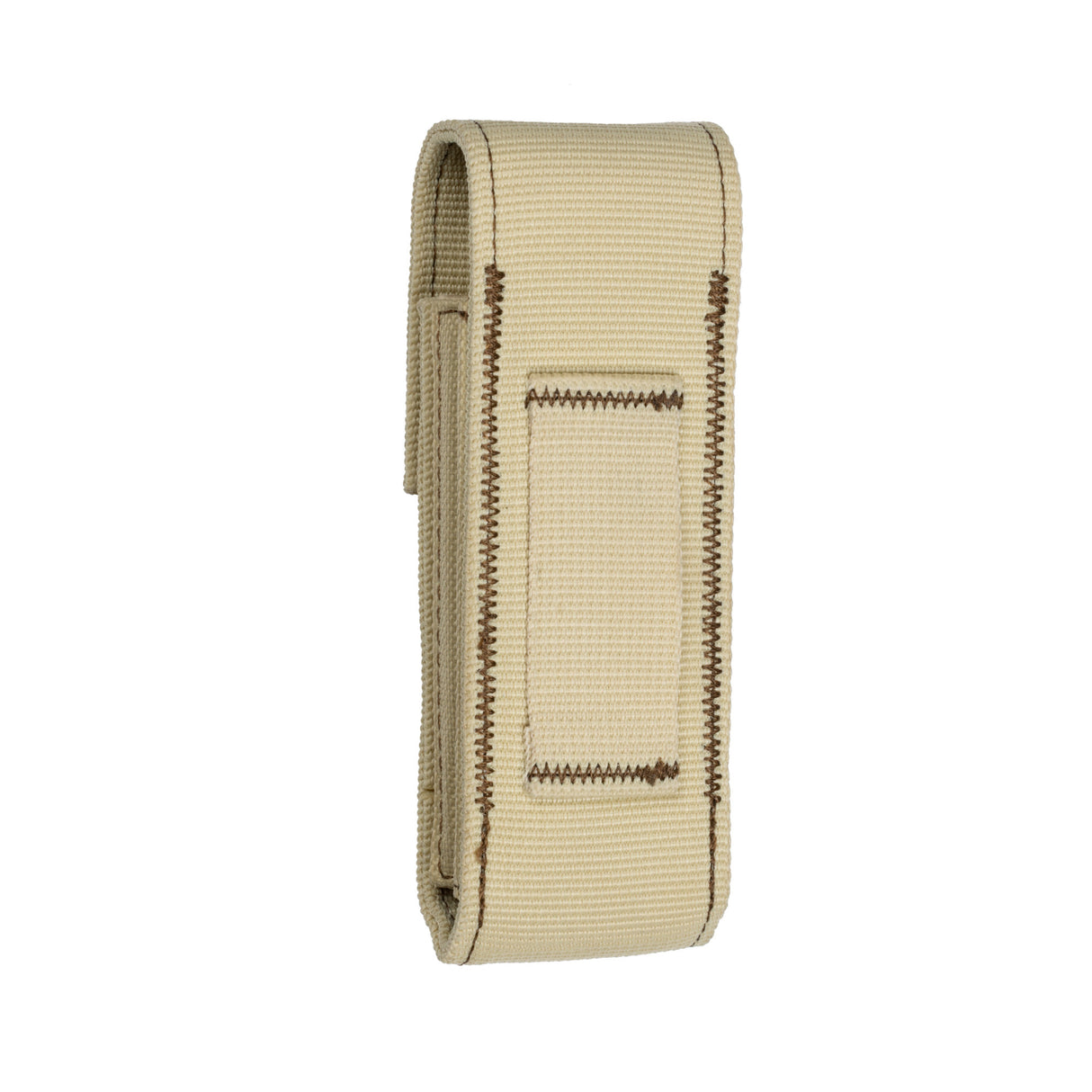 Translation missing: en.Tan fabric belt pouch or sheath with brown stitching and a closed flap
