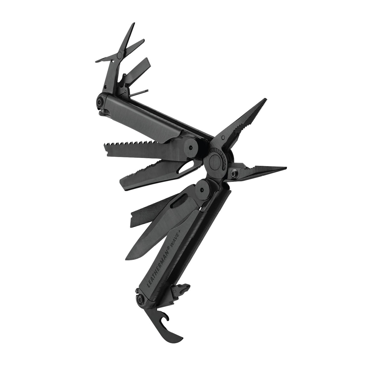 Translation missing: en.Black Leatherman Wave® Plus multitool beauty image showing the various tools and features