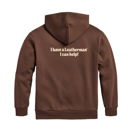 Translation missing: en.Back of the brown Mr. Wave Hoodie with the slogan &quot;I have a Leatherman, I can help!&quot;