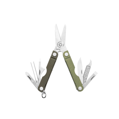 Translation missing: en.A Spruce colored Leatherman Micra multi-tool shown fully opened, displaying its scissors, knife, nail file, tweezers, bottle opener, and flathead screwdriver