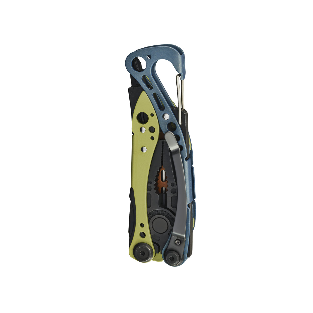 Translation missing: en.Closed back view of a Leatherman Skeletool® CX in Aurora color showcasing its pocket clip, closed pliers, and carabiner bottle opener