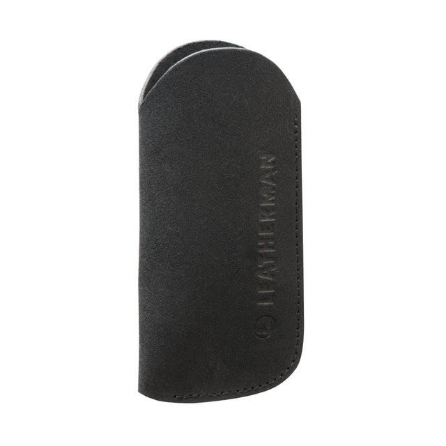Translation missing: en.A black suede leather tool sleeve featuring an embossed vertical “LEATHERMAN” logo and the company’s circular emblem near the stitched edge, displayed against a white background