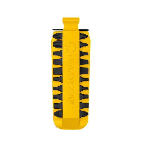 Translation missing: en.Yellow Leatherman bit kit holder with multiple interchangeable screwdriver bits arranged on both sides, featuring the Leatherman logo embossed in the center