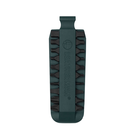 Translation missing: en.Forest Green Leatherman bit kit holder with multiple interchangeable screwdriver bits arranged on both sides, featuring the Leatherman logo embossed in the center