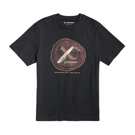 Translation missing: en.Front of the black Leatherman Blade &amp; Grain tee  showcasing a fix blade knife and leather sheath on a stump