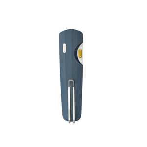 Translation missing: en.Leatherman Blazer Denim folding knife in closed position with a blue textured handle, yellow thumb stud partially visible, and a stainless steel deep-carry pocket clip, shown on a white background
