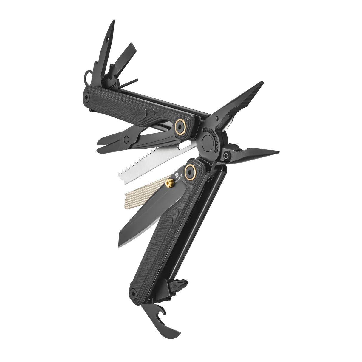Translation missing: en.Obsidian Leatherman Wave® Alpha multi-tool beauty image showing the various tools and features