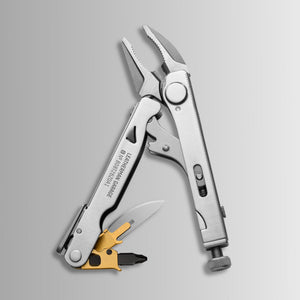 Translation missing: en.Stainless steel Batch #008: Captain's Crunch multitool with open pliers, knife blade, and gold bit holder showing interchangeable driver bits