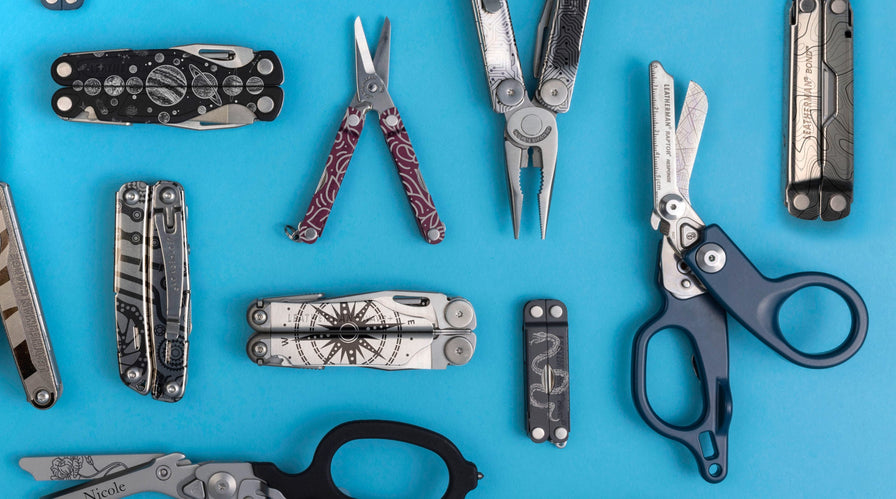 An array of custom Leatherman tools displayed on a blue background