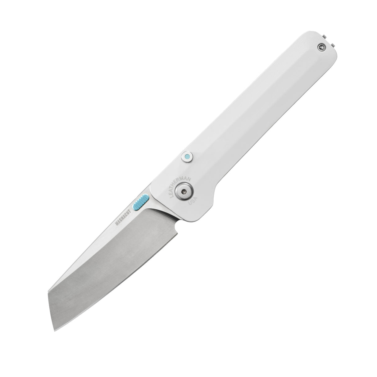 Translation missing: en.Leatherman Glider folding knife with alpine textured handle, stainless steel blade, and light blue thumb stud, shown open on a white background