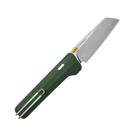 Translation missing: en.Leatherman Glider folding knife with Okra textured handle, stainless steel blade, and yellow thumb stud, shown open on a white background