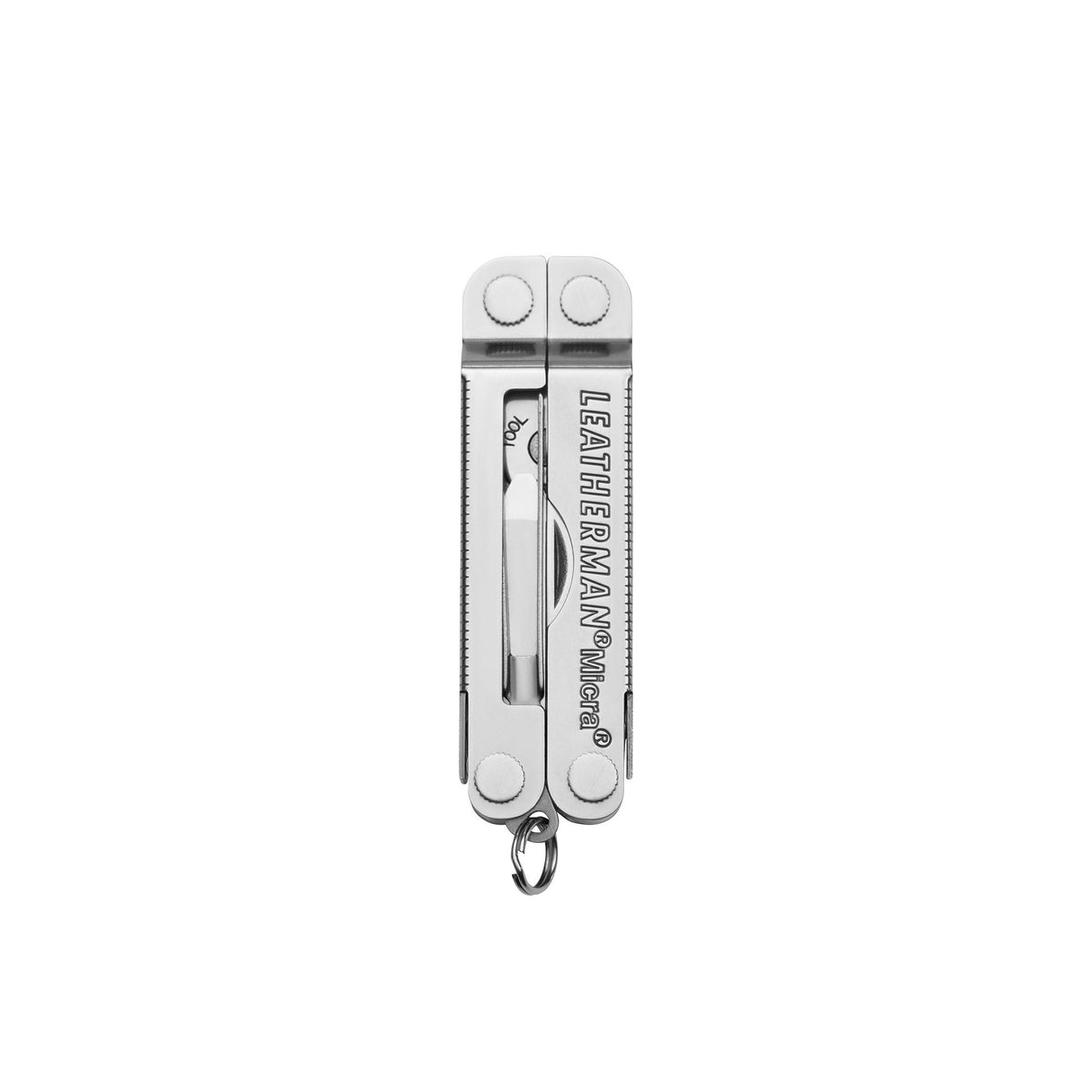 Translation missing: en.Stainless Steel Leatherman Micra® multi-tool closed, showcasing its compact design and keychain attachment