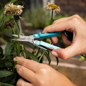 Translation missing: en.Parakeet Leatherman Micra® scissors being used to prune a flower stem
