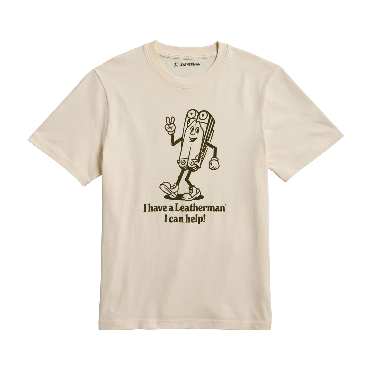 Translation missing: en.Natural gold tee shirt with the Mr. Wave logo displaying a character based on the Wave with the slogan 'I have a Leatherman, I can help!"