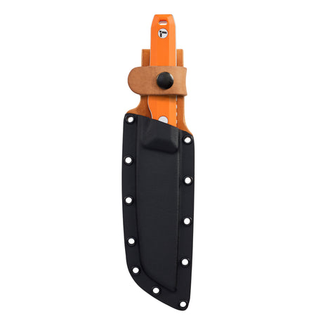 Translation missing: en.Leatherman Orange pop Pioneer knife resting in Black and Brown leather sheath in white background