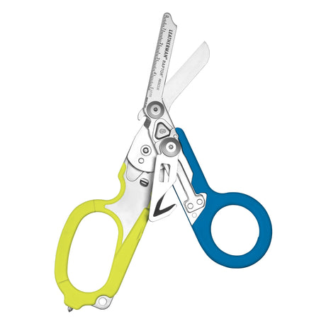 Translation missing: en.Open Yellow and Blue Leatherman Raptor Rescue trauma shears with premium scissors and various tools