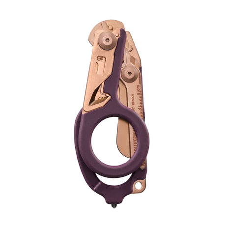 Translation missing: en.Folded Raptor® Rescue tool in Rose Gold with purple handle and visible measurement markings