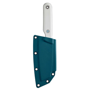 Translation missing: en.Alpine Leatherman Rustle knife inserted into a teal Kydex sheath, showing the alpine handle and logo against a white background