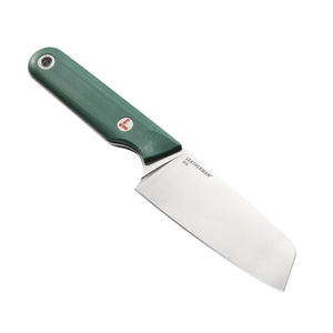 Translation missing: ko.Leatherman Rustle Evergreen knife angled on a white background, showcasing its stainless steel blade and deep green handle with the Leatherman logo near the base