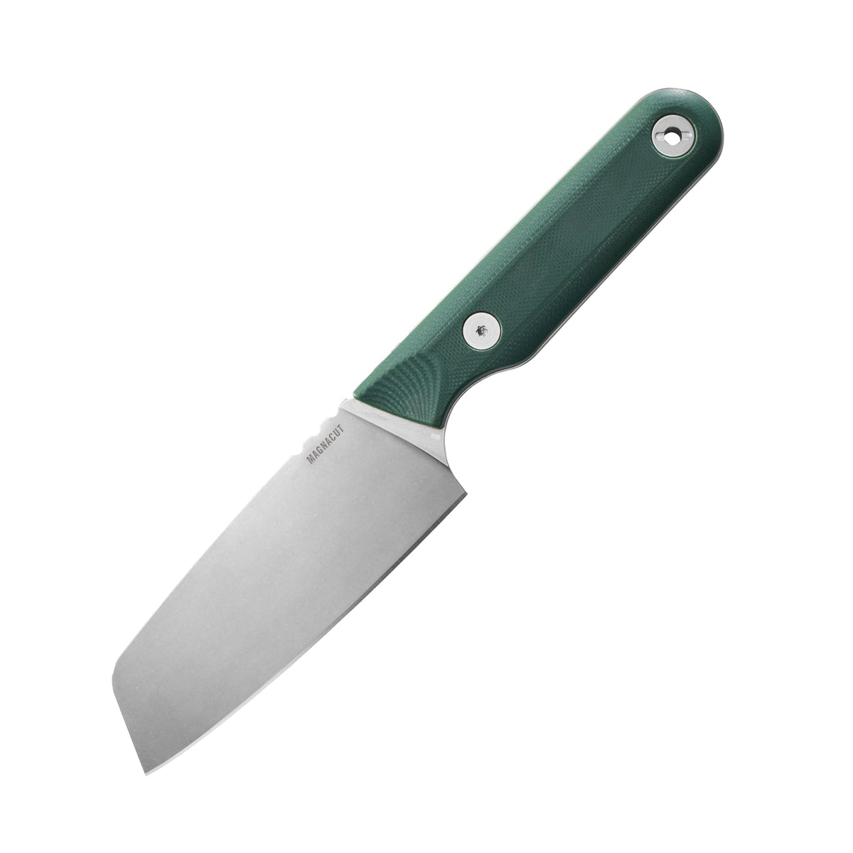 Translation missing: ko.Leatherman Rustle Evergreen knife displayed at an angle on a white background, highlighting the full blade and green handle with lanyard hole