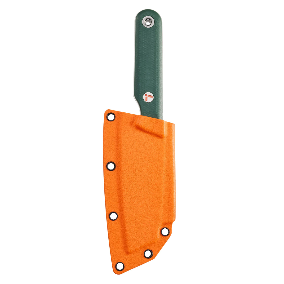 Translation missing: ko.Leatherman Rustle Evergreen knife inserted into a bright orange sheath, showing the green handle and logo against a white background