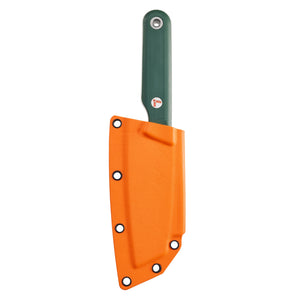 Translation missing: ko.Leatherman Rustle Evergreen knife inserted into a bright orange sheath, showing the green handle and logo against a white background