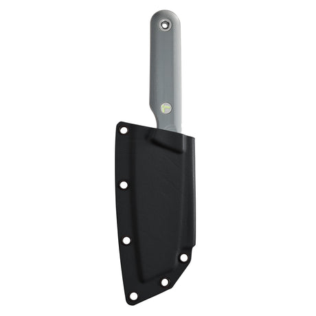 Translation missing: en.Vapor grey Leatherman Rustle knife inserted into a black Kydex sheath, showing the Vapor Grey handle and logo against a white background