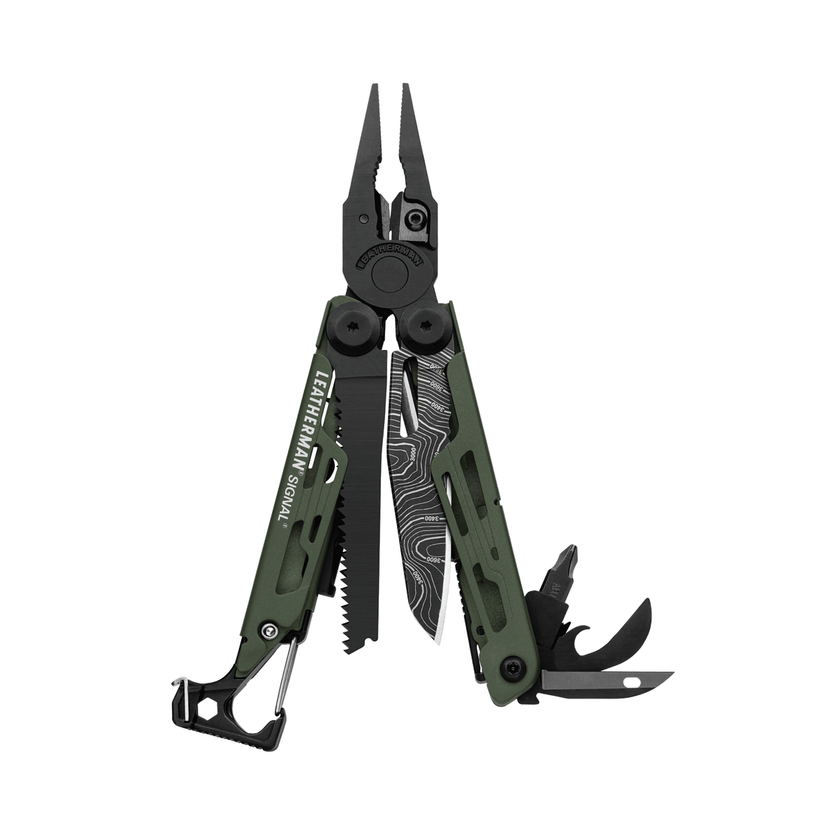 Translation missing: en.Green Leatherman Signal® multi-tool showcasing pliers, blades, and other essential features for outdoor adventures