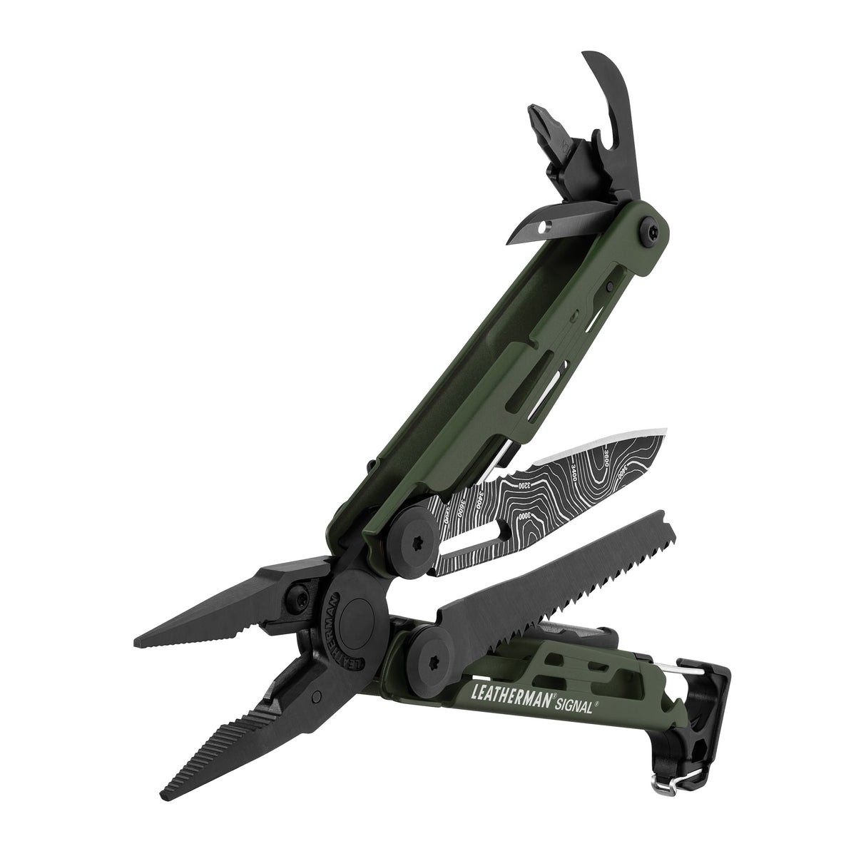Translation missing: en.Green Leatherman Signal multitool open, showing pliers, patterned blade, saw, and other extended tools