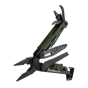Translation missing: en.Green Leatherman Signal multitool open, showing pliers, patterned blade, saw, and other extended tools