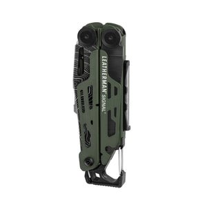 Translation missing: en.Closed green Leatherman Signal multitool with black accents and carabiner clip