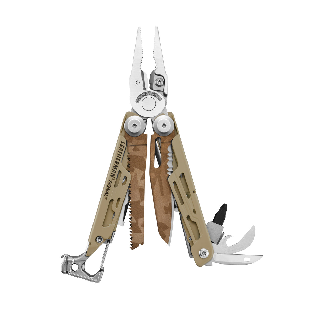 Translation missing: en.Tan Leatherman Signal Sandstorm multitool open, showing pliers, saw, blade, bit driver and other fold-out tools