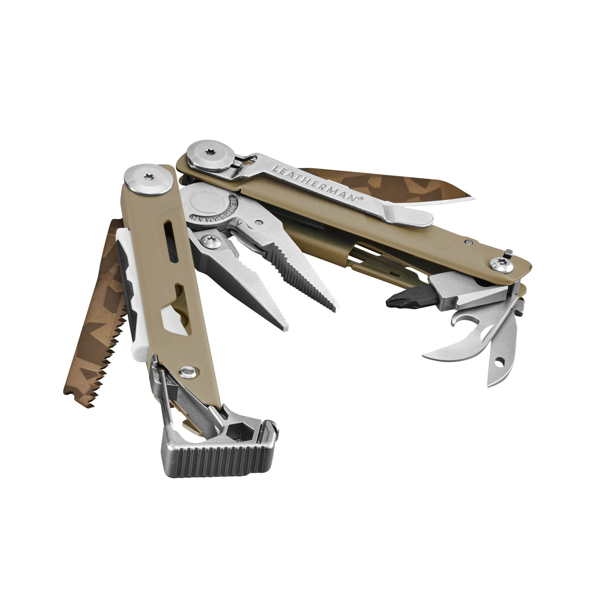 Translation missing: en.Tan Leatherman Signal Sandstorm multitool opened to show pliers, saw, hammer end, knife blade, and bit driver