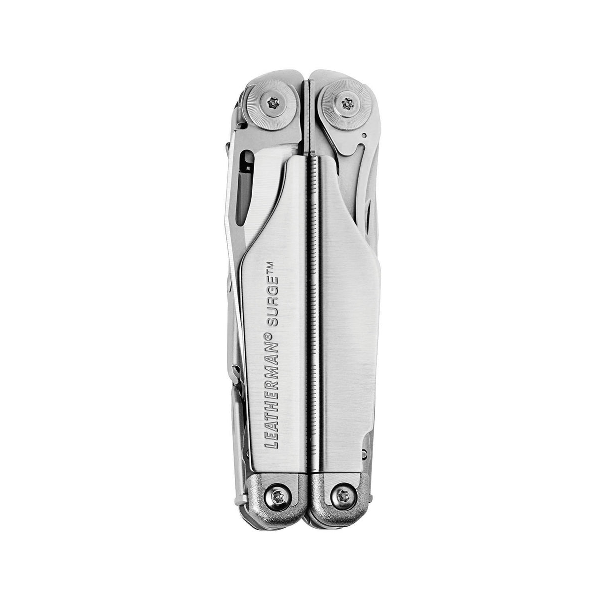 Translation missing: en.Stainless steel Leatherman Surge® multi-tool closed , showcasing its sleek design and compact ability