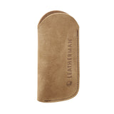 Translation missing: en.A brown suede leather tool sleeve featuring an embossed vertical “LEATHERMAN” logo and the company’s circular emblem near the stitched edge, displayed against a white background