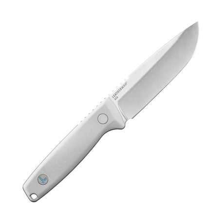 Translation missing: en.Leatherman Trac Alpine fixed-blade knife with a stainless steel drop point blade and smooth white handle featuring the Leatherman logo, displayed on a white background